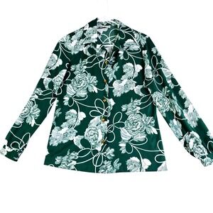 Vintage 70s Graff Floral Button Blouse Women‎ S Green White Disco Chic Mod Boho